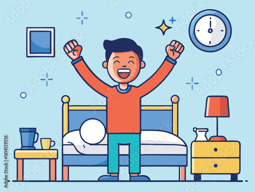 Cheerful Asian boy cheerfully stretches after awakening from slumber in a bright blue room