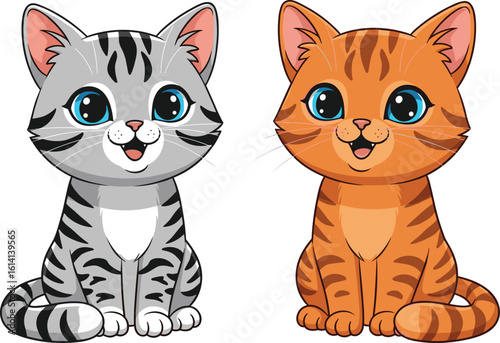 Cute Cat Duo Cartoon – Gray Tabby and Orange Kitty Sitting Side by Side, Smiling Expressively for Kids, Pet, or Animal-Themed Content