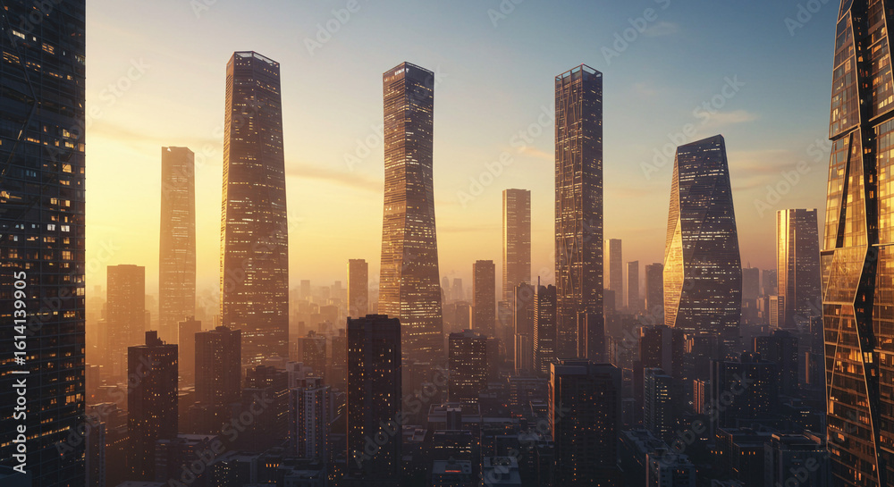 Fototapeta premium Aerial view of a futuristic city skyline with tall buildings at sunset with a golden sky above