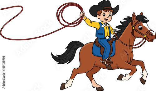 Vector Cartoon of Cowboy Boy Riding Horse with Lasso, Black Hat, Blue Outfit, Yellow Shirt, Brown Boots, Action Rodeo Pose