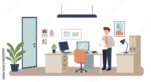 Professional office workspace with employee in modern flat design