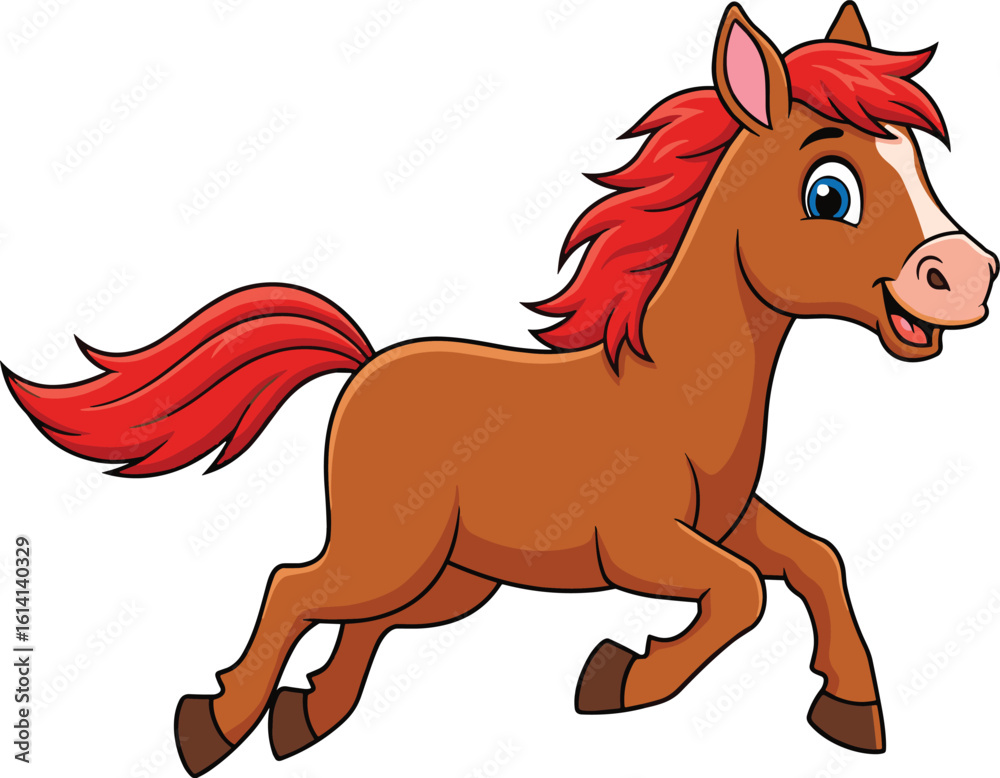 Cartoon Running Horse Vector – Brown Body, Red Mane and Tail, Blue Eyes, Smiling Expression, Animated Legs, Fun Animal Illustration Cartoon Running Horse Vector – Brown Body, Red Mane and Tail, Blue Eyes, Smiling Expression, Animated Legs, Fun Animal Illustration