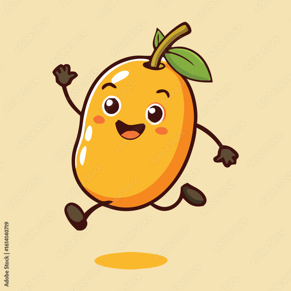 Obraz premium Cheerful cartoon mango character is merrily jumping, and waving on a beige background