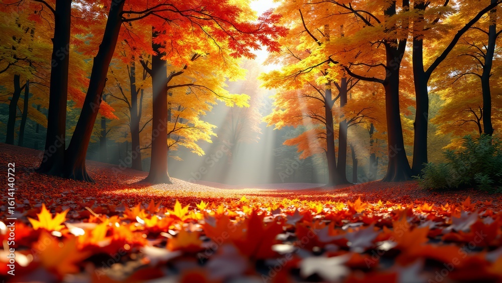 Autumn forest with sunlight shining through trees Autumn forest with sunlight shining through trees