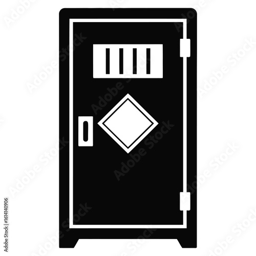 Hazardous Chemical Storage Cabinet Icon – Black and White Vector Illustration of Industrial Safety Locker, Laboratory Secure Storage, Hazard Symbol, Isolated Chemical Container
