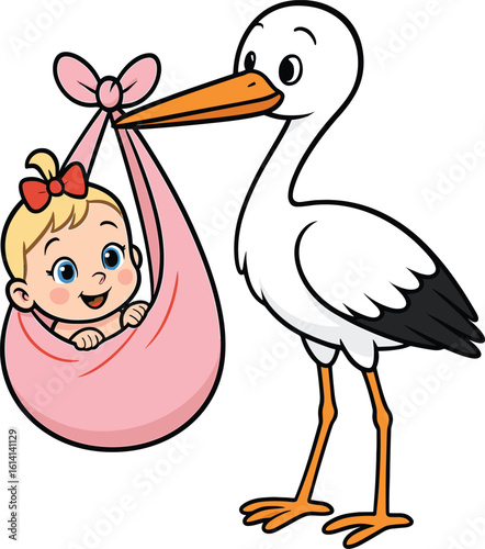 Stork Carrying Baby Cartoon – White Bird with Orange Beak and Pink Bundle, Smiling Infant with Bow for Kids, Birth, Folklore Themes