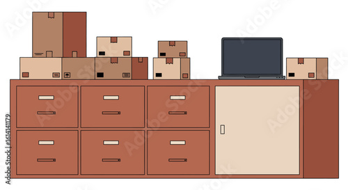 Office storage cabinet with cardboard boxes and laptop in flat design