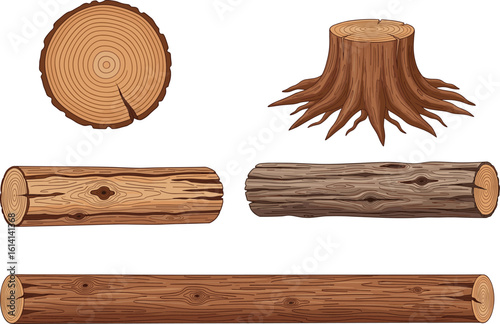 Cartoon wood and tree set, stump, cross-section, smooth log, weathered bark, timber grain detail, cad drawing flat vector illustration