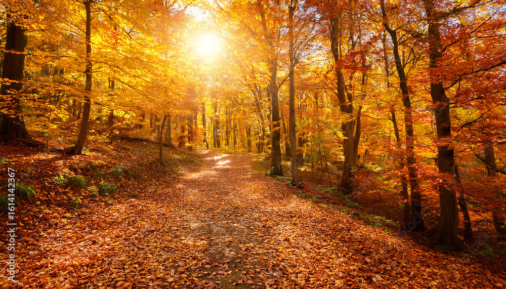 Fototapeta premium a vibrant autumn forest path bathed in warm sunlight surrounded by trees with bright orange and yellow foliage