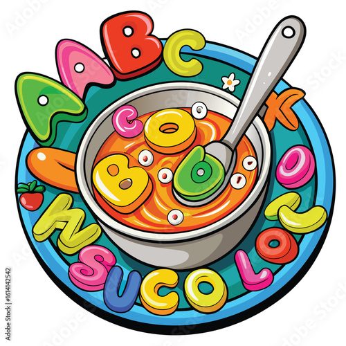 Alphabet soup bowl with floating letters and bubbles