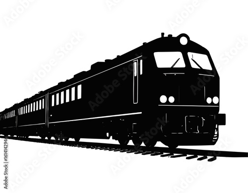 Silhouette illustration of a passenger train with multiple cars on the railway tracks in black