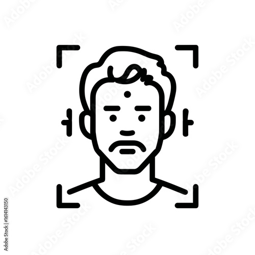 Facial recognition icon showing a bearded male figure with a serious expression inside scanning brackets. Vector outline.
