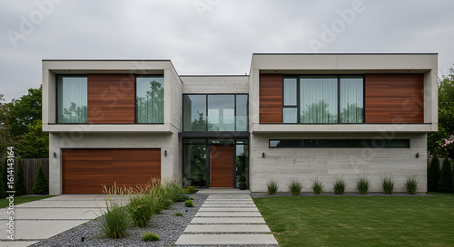 Modern  minimalist house exterior with large windows  wooden accents  and a walkway.