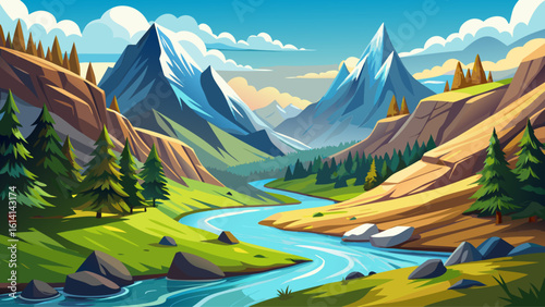 An isolated mountain river runs swiftly its water sparkling clean and fresh meandering through the picturesque mountain landscape