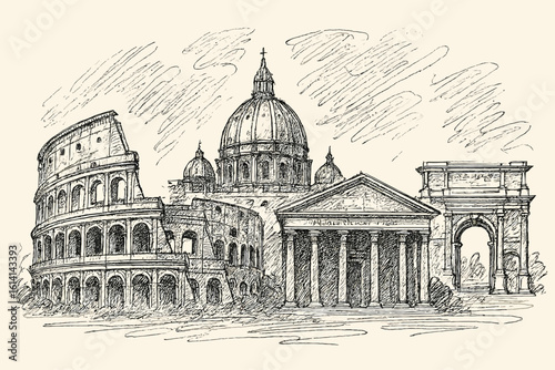 Hand-Drawn Roman Architecture Landmarks—Colosseum, St. Peter's Basilica, Pantheon, Arch of Constantine.