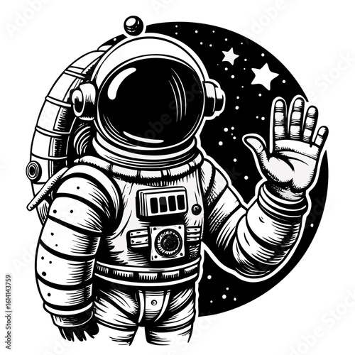 Astronaut Waving in Space: Black and White Illustration