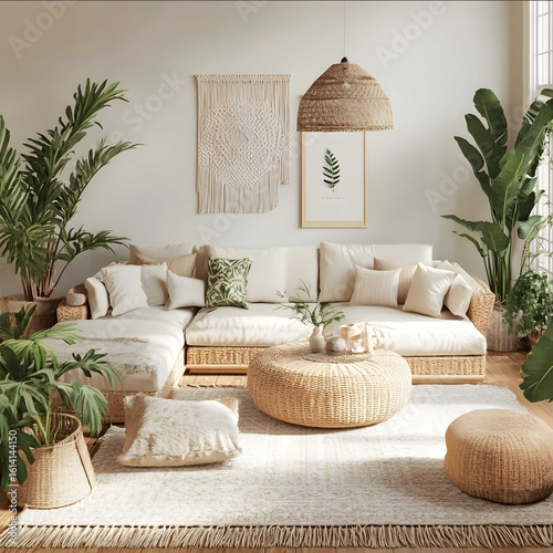 A Bohochic living room design featuring a mix of natural textures like rattan macrame and woven fabrics a neutral color palette with earthy tones layered rugs lush g