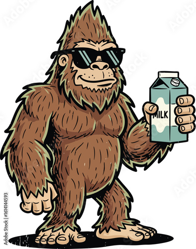 Cool Bigfoot Drinking Milk – Funny Sasquatch Cartoon with Sunglasses Holding Milk Carton
