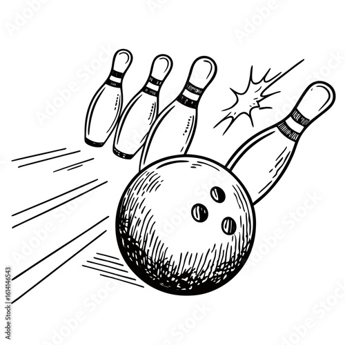 Bowling Ball Hitting Pins Sketch Illustration