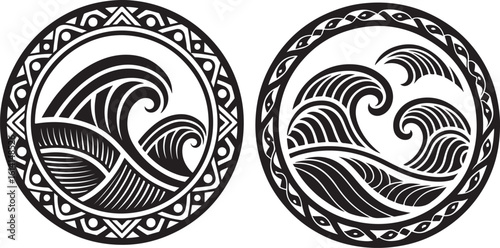 Two stylized oval emblems featuring traditional wave patterns and decorative borders isolated on transparent background
