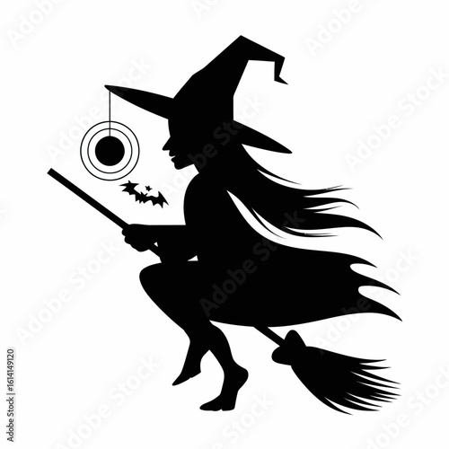 Witch Silhouette Flying on Broomstick for Halloween