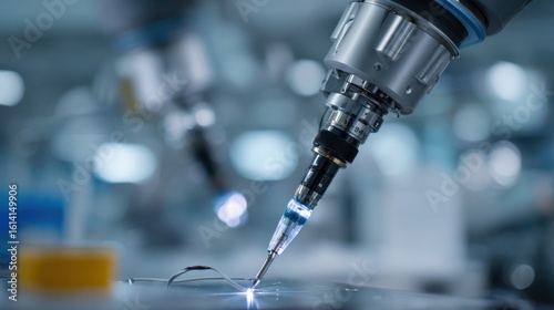 Closeup medium shot showcasing a robotic device performing targeted radiofrequency ablation on facetjoint nerves with the main tool in crisp detail and the surrounding lab out of