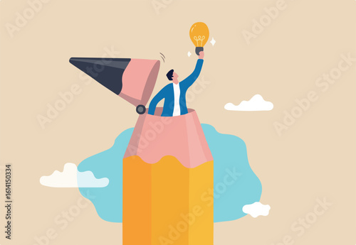 Creative idea, inspiration or imagination to think about new idea, creativity, knowledge learning or writing content concept, young creative man open pencil top discover new lightbulb idea.
