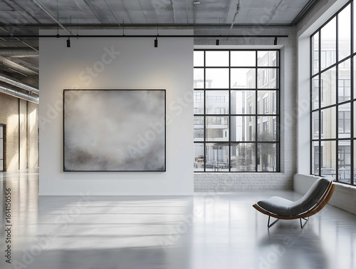 a white painting on a stretcher on a concrete floor white walls huge windows with a black frame stylish minimalistic black windows and black frame a darker gray exte