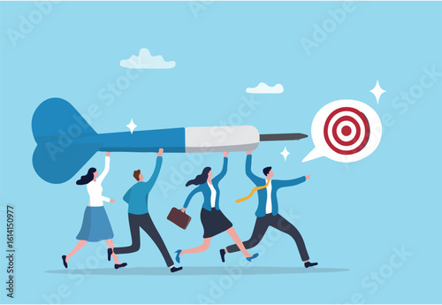 Purpose, project goal or target, team motivation to reach objective, company mission or direction, ambition to success, inspiration or aiming, business people with dart running to target or purpose