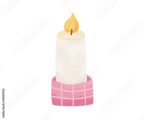 White burning candle on a pink ceramic holder. Cozy home decor for relaxation, spa, romantic atmosphere, meditation and holiday design.