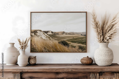An ultrarealistic picture of a landscape wall art hanging above a wooden mantlepiece with neutral decorative items and pampas grass in a textured vase