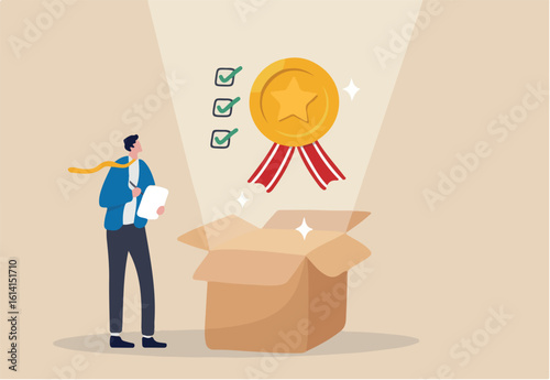 Quality Control, QC to check quality and giving certified or approval, process to assure excellence product and service delivery, guarantee concept, businessman check quality with passed checklist.