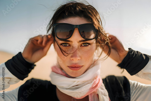 Woman Wearing Sunglasses and Scarf in Desert – Close-Up Portrait