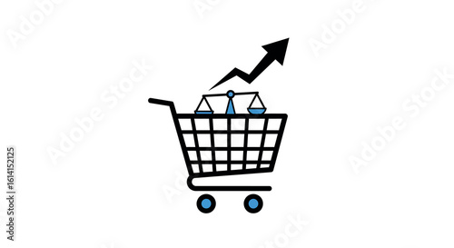 Shopping cart with financial growth symbol and scale icon in minimalistic design