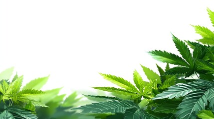 Fresh green cannabis leaves arranged in a border against a white background.