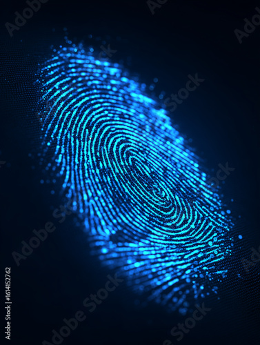 Digital fingerprint scan glowing blue isolated on dark background, digital art
