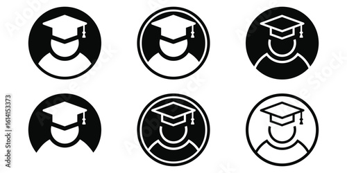 Round student icon set in solid and stroke black graduation cap style vector.