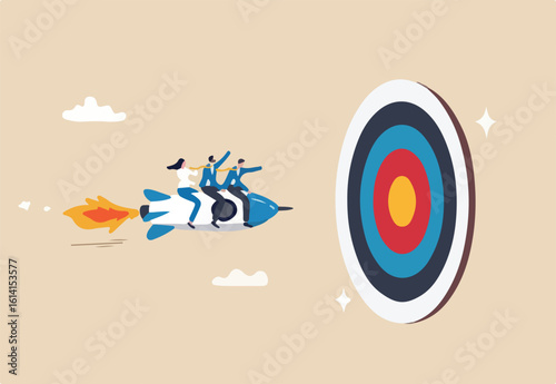 Team target achievement, reaching goal or success, teamwork strategy, challenge or aspiration to win together, leadership to lead team concept, business people riding rocket to reach target bullseye. 