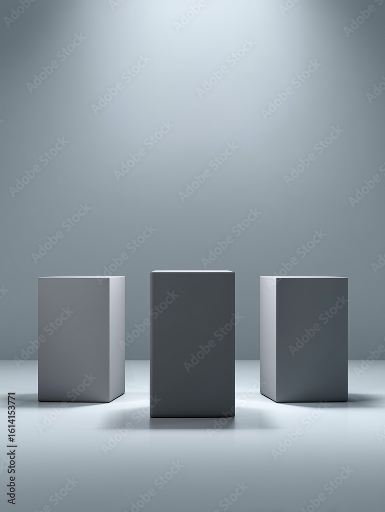 Fototapeta premium Grey translucent blocks on neutral grey backdrop, 3D render