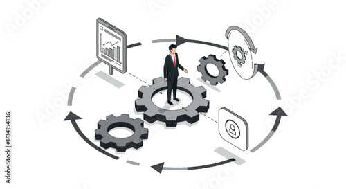 Business process automation concept with isometric gear icons and data visualization