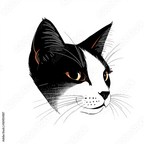 Black and white cat portrait-print with striking orange eyes  