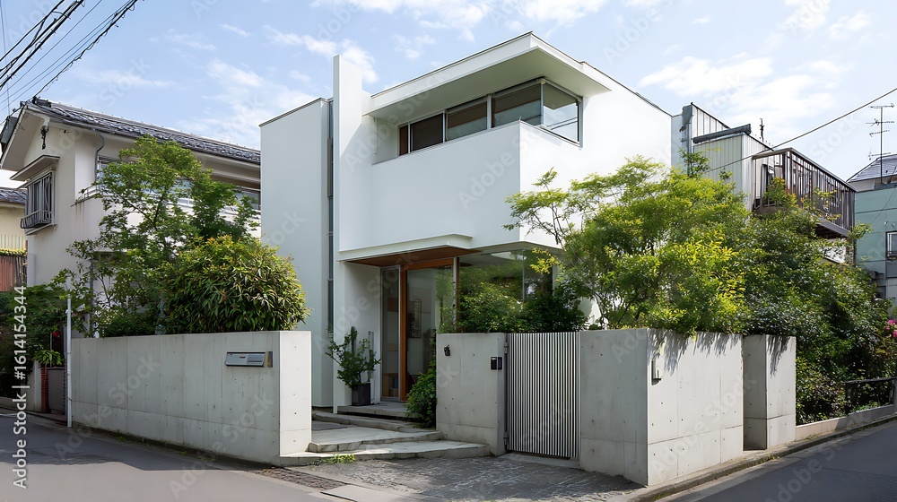 Fototapeta premium Modern Japanese home exterior with concrete walls and lush greenery / 植栽とコンクリート塀が映える現代的な日本住宅の外観