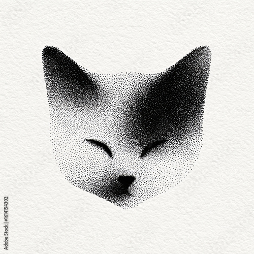 Black and white print illustration of a cat's face with closed eyes  