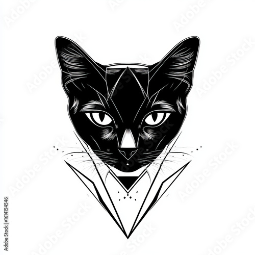 Geometric black cat print illustration with sharp features and details  