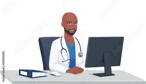 Black Doctor Character Consulting in his Office vector Illustration