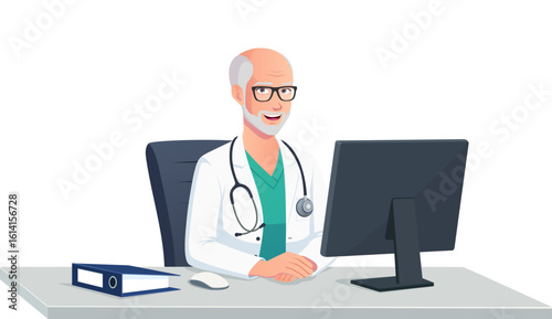 Old Doctor Character Sitting in his Office and Consulting Patients vector Illustration