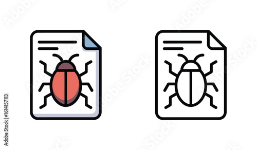 Bug report illustration of computer bugs on document with paper fold and line elements