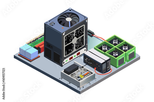 Isometric illustration of a computer power supply unit connected to capacitors and other electronic components