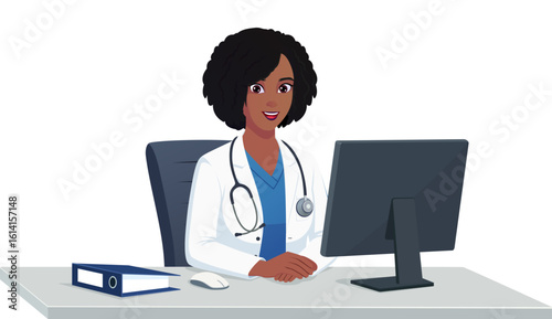Black Female Doctor Character Consulting in Her Office vector Illustration
