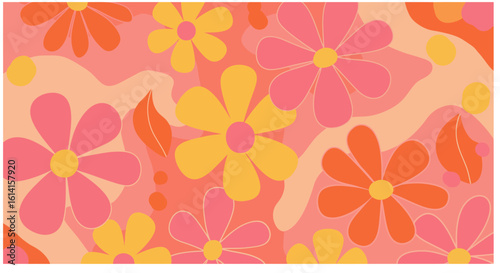 Retro Floral Pattern with Pink Orange and Yellow Flowers